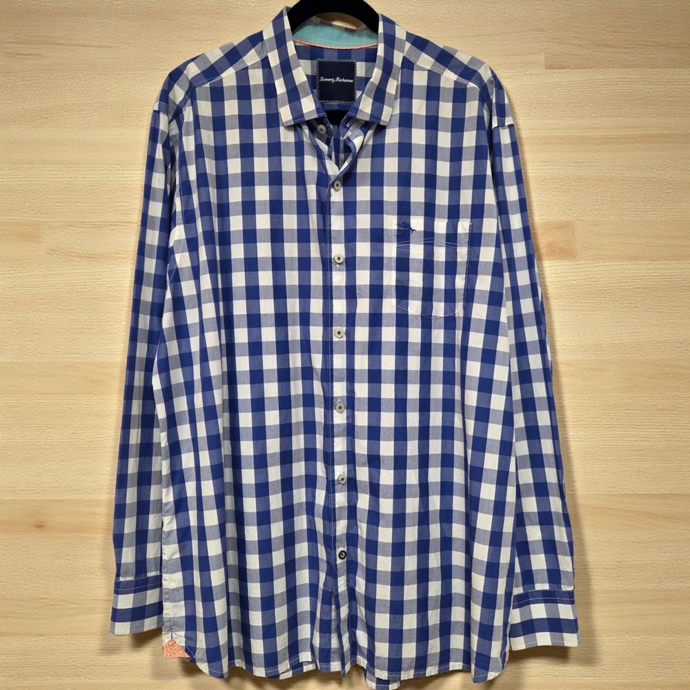 Tommy Bahama Blue White Gingham Button Down Collared Long Sleeve Cotton Shirt